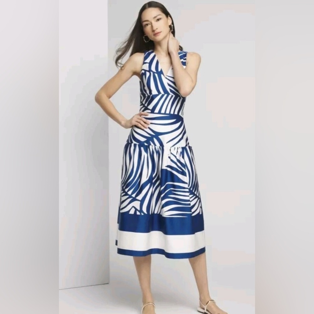 New White House Black Market‎ V Neck Sleeveless Midi Dress Blue White Palm 12
